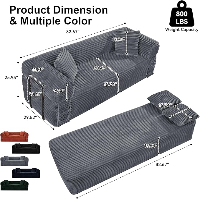 83'' Boneless Couch in A Box No Assembly Needed Sofa Bed Couch 3 Seater Corduroy Modern Cloud Sofa 29'' Deep Seat with 2 Pillows &amp Removable Backrest for Living Room Bedroom Apartment Gray | N