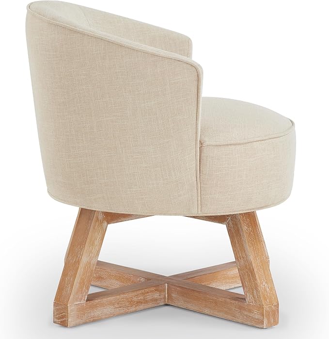 KEIKI Swivel Barrel Chair with Cross-Shaped Wooden BaseLinen Upholstered Lounge Accent Armchair Small Single Sofa Seating for Bedroom Office Living Room Beige