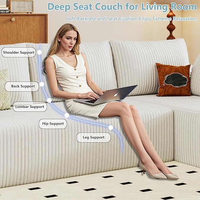 96 Cloud Sectional Couch with L-Shape Chaise Modern Corduroy Boneless Couch for Living RoomMemory Foam Sofa with Deep SeatNo Assembly Required (WhiteRight-Facing Chaise)