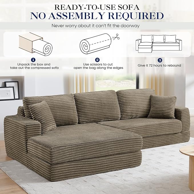 112.6” Modular Sectional Sofa Oversized Cloud L Shaped Couch Comfy Upholstered Corduroy Compressed Sofa with Left Facing Chaise and Wide Arms Fluffy Boneless Sofa Bed for Living Room Office Brown