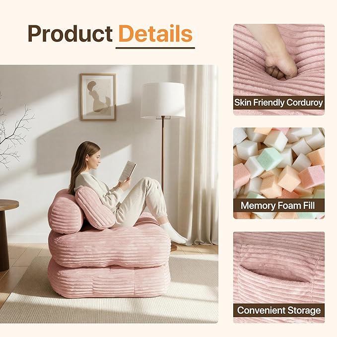 Claiks Folding Sofa Bed Boneless Chair with Pillow Sleeper Sofa with Back Support Sleeper Chair Portable Fold Out Chair Bed Comfy Foldable Mattress for Living Room Pink Single
