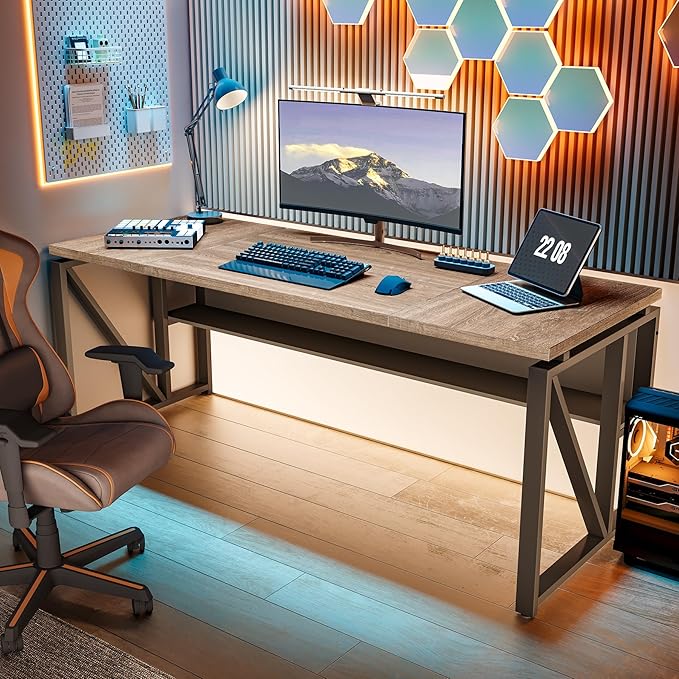 LITTLE TREE 63-Inch Executive Office Desk Large Computer Desk with Storage Shelf Executive Desk with Metal Frame Study Writing Desk Work Station for Home Office Grey + Black
