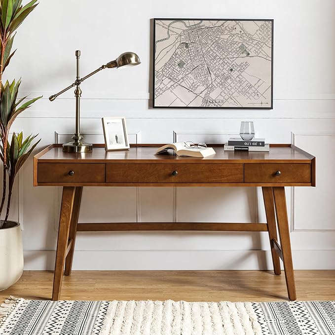 HULALA HOME Home Office Desk with 3 Drawers &amp Solid Wood Legs Writing Table with Charging Station &amp Cable Management Mid Century Modern Desk for Bedroom/Living Room/Study/Workstation Walnut