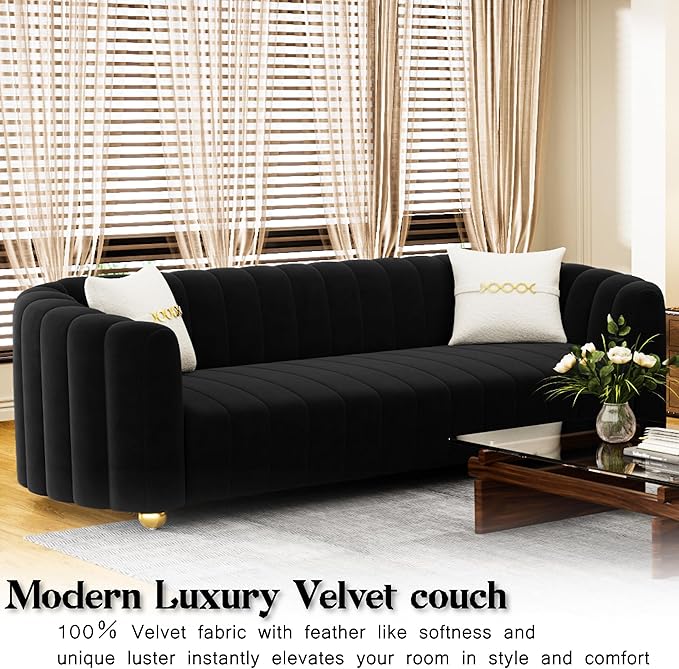 83 Black Velvet Couch Modern Sofas for Living Room Velvet Sofa 3 Seater Solid Wood Frame with Gold Metal Legs and Two Pillows Comfy Black Gold Sofa