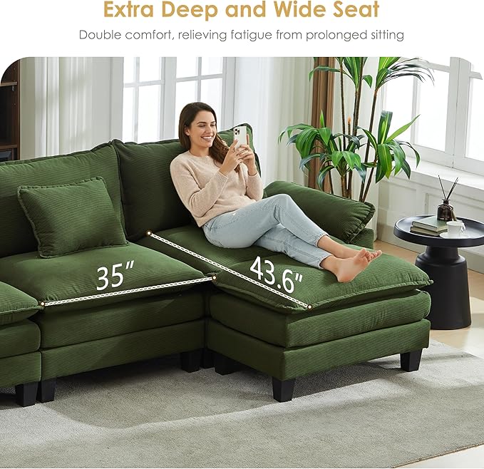 URRED Modular Cloud Couch Sectional Sofa 87 L Shaped Deep Seat Sofa with Ottoman &amp Pillows Ultra Comfy Corduroy Loveseat Sofa for Living Room Apartment or Bedroom Green | Corduroy Fabric