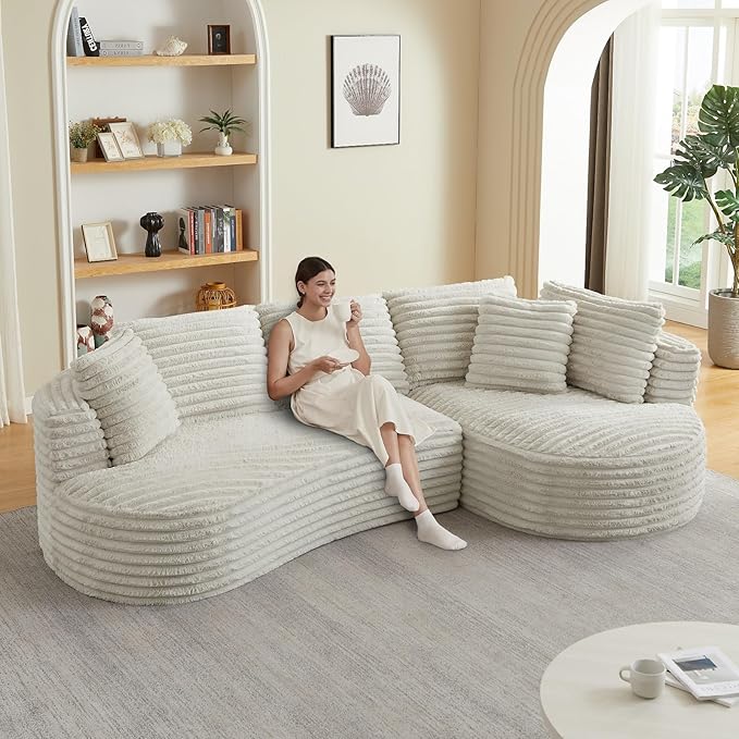 121 Modular Sectional Sofa Oversized Cloud Couch with Deep Seat L Shaped Sofa with Right Chaise Corduroy Boneless Sleeper Sofa Couch No Assembly Needed for Living Room Apartment Cream