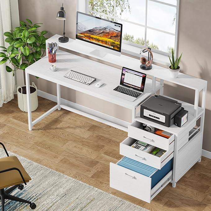 Tribesigns 63 Inch Computer Desk with File Drawer Cabinet Ergonomic Office Desk with Monitor Stand Computer Table with Printer Space Wood PC Table Workstation Desk for Home Office White