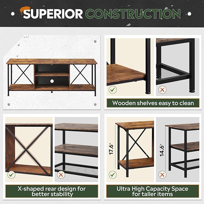 WLIVE Industrial TV Stand for Up to 65 inch TV Heavy-Duty Metal Frame Entertainment Center with Adjustable Shelves &amp Cable Management Media TV Console for Living Room Bedroom Rustic Brown