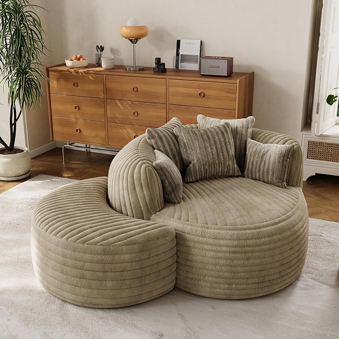 50 Oversized Chaise Lounge Indoor Round Reading Chair Lounge Chair with Ottoman Boneless Sofa Bed Large Fluffy Plush Corduroy Chaise Chair for Living Room Playroom Bedroom Camel