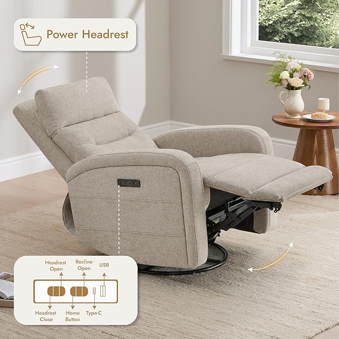 Watson &amp Whitely Swivel Power Recliner with Adjustable Headrest Recliner Chairs for Adults Small Glider Rocker for Living Room Fabric in Khaki