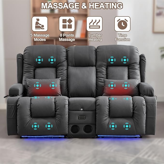 TUNYI Power Loveseat Recliner Sofa with Massage &amp Heat Home Theater Seating with Console RV Recliner Loveseat Sofa with USB/Storage/Side Pocket/LED Light/Speaker (Dark Grey Loveseat)