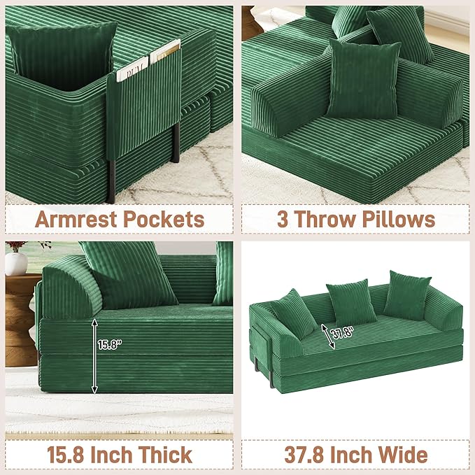 XVD 79 Boneless Sleeper Sofa Bed Convertible Futon Couch with Pillows and Storage Pocket Pull Out Compressed Sofa for Living Guest Room Bedroom Green