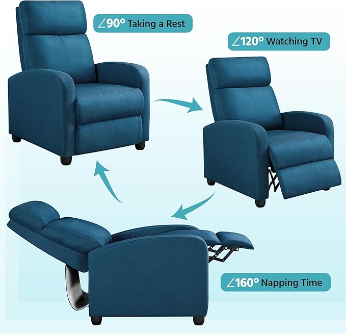 Yaheetech Fabric Recliner Sofa Modern Single Recliner Sofa Home Theater Seating with Thick Seat Cushion Backrest and Pocket Spring Blue