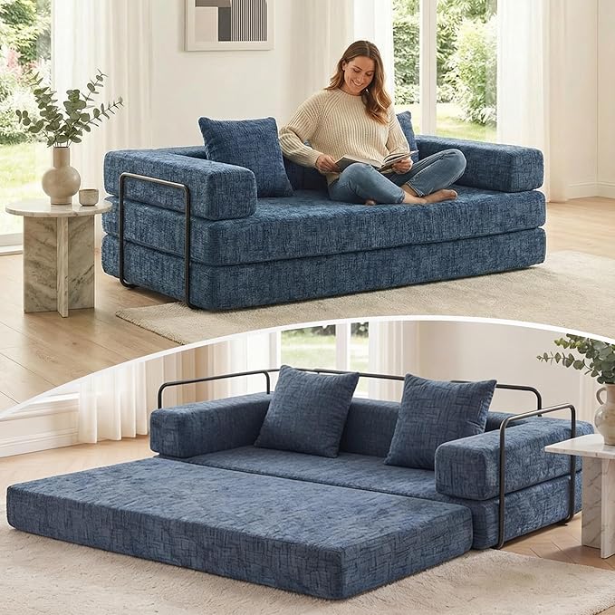 WELAX 77 Convertible Sleeper Sofa Bed Boneless Cloud Queen Futon Couches with 2 Pillows &amp Removable Armrests Chenille Folding Floor Couch No Assembly for Bedroom Living Room Blue