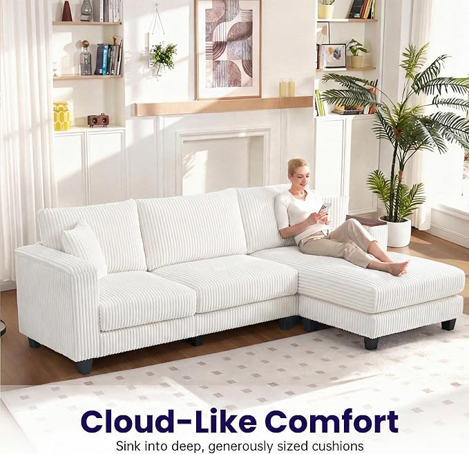 114 Cloud Sectional Couch with L-Shape Reversible Chaise Modern Corduroy L Shaped Couch with 2 Pillows &amp Storage Armrests 4 Seater Sectional Couches for Living Room Plush Corduroy White