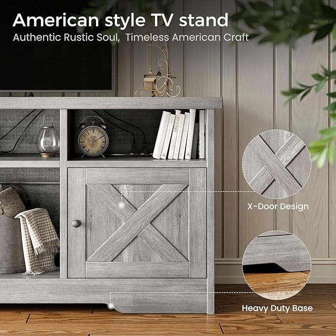 Casaottima TV Stand for 65 Inch TV Farmhouse Entertainment Center with Power Outlet &amp LED Light and Storage Cabinets Console Table and Media Furniture for Living Room Bedroom Gray Oak