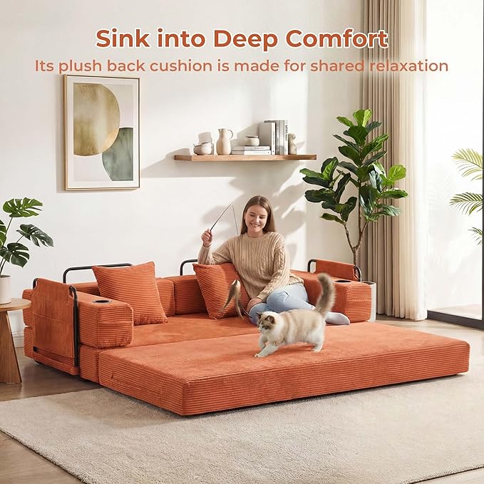 WELAX 72.8 Convertible Sleeper Sofa Bed Boneless Cloud Queen Futon Couches with Cupholders &amp Storage Pockets Corduroy Folding Floor Couch for Bedroom Apartment No Assembly Orange