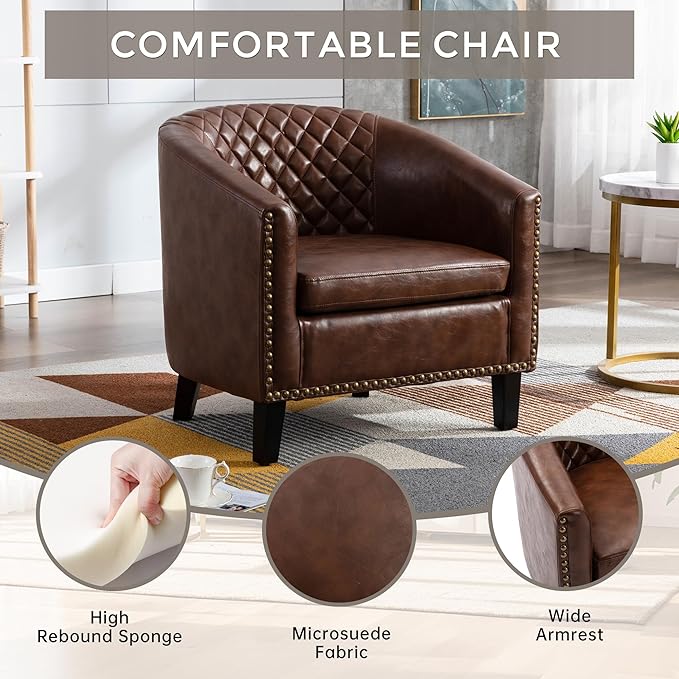 Artificial leather sofa chair barrel-shaped armchair side chair nail head decoration and diamond net backrest suitable for living room bedroom waiting room office and reading chair. (Brown)