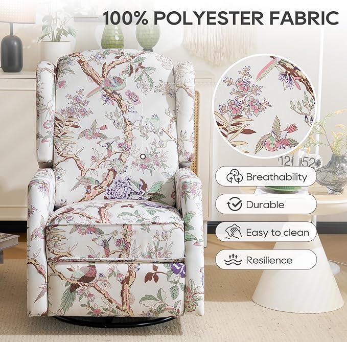 Floral Accent Swivel Rocker Recliner Wingback Recliner Chair with Padded Seat High Back Upholstered Armchair for Living Room Bedroom Home Ofiice (Bird Floral x 2)