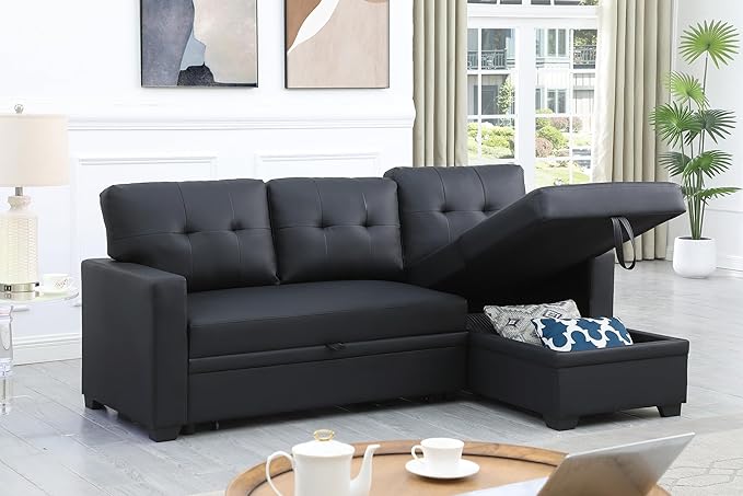 ERYE 82-inch Pull Out Sleeper Couch Bed L-Shaped Reversible Sleeper Sectional Sofa Faux Leather Tufted Upholstered Corner Convertible Sofa Bed with Storage Chaise