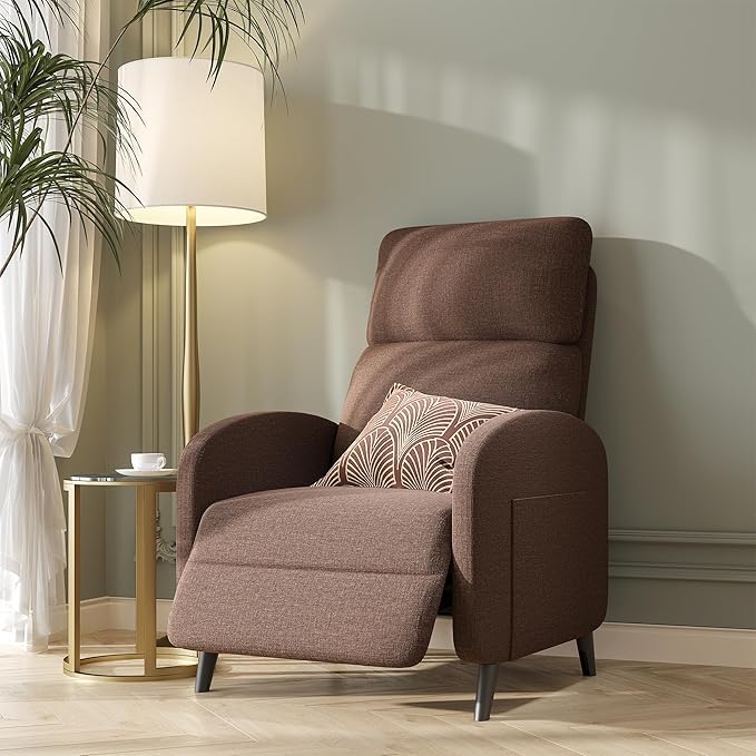 FLEXISPOT XC2 Recliner Chair for Adults Fabric Small Reclining Chair Home Theater Seating with Side Pockets Adjustable Modern Single Sofa Armchair Extended Footrest for Living Room(Brown)