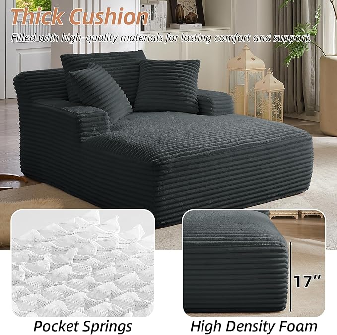 Oversized Chaise Lounge Chair Indoor Corduroy Sofa Bed with Throw Pillows Recliner Chair Comfy Large Deep Seat Sofa Couch for Living Room Bedroom Apartment (Dark Grey)