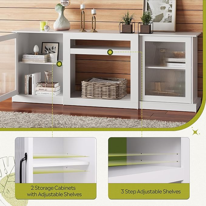 WLIVE Farmhouse TV Stand for 75 inch TV Entertainment Center with Storage Cabinets Mid Century Modern TV Console for Living Room Bedroom White