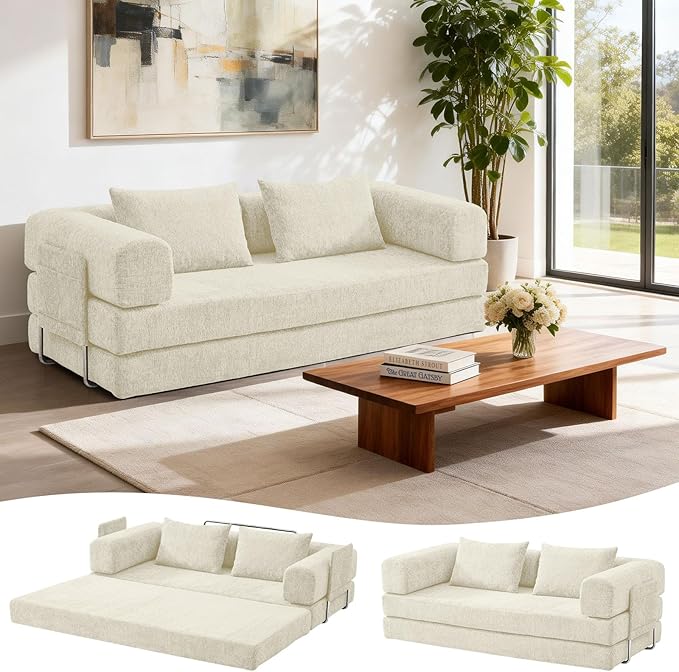 81 Convertible Sofa Bed with Storage Pockets 5-in-1 High Density Foam Boneless Couch Corduroy Folding Futon Sleeper Sofa for Living Room Bedroom Apartment No Assembly Required Beige