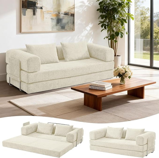 81 Convertible Sofa Bed with Storage Pockets 5-in-1 High Density Foam Boneless Couch Corduroy Folding Futon Sleeper Sofa for Living Room Bedroom Apartment No Assembly Required Beige