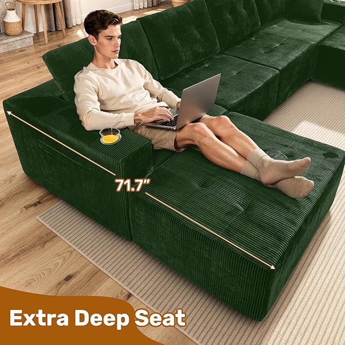 113 Modular Sectional Sofa for Living Room Convertible L-Shape Couch with Ottoman 4 Seater Modular Sectional SofaGreen Corduroy