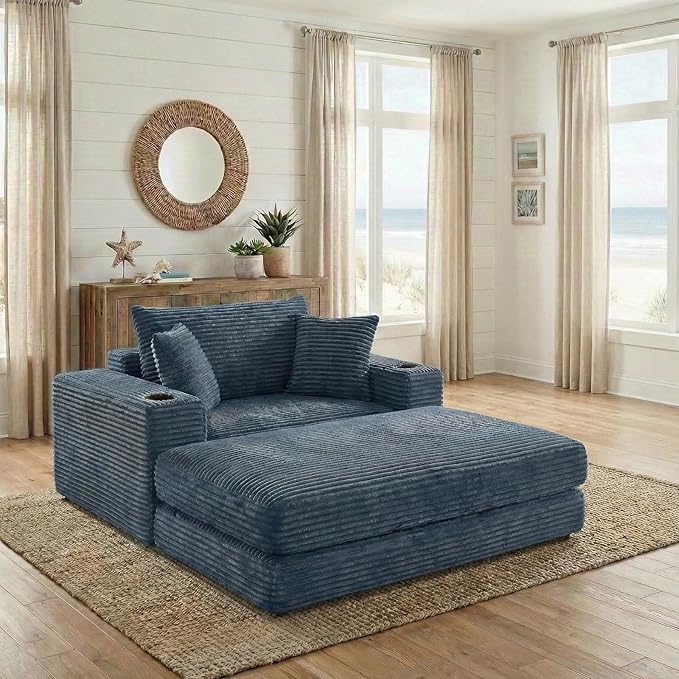 53 Oversized Chaise Lounge Chair Indoor Modular 3-in-1 Corduroy Boneless Chair Cloud-Like Cozy Comfy Sofa Bed Sleeper Couch for Reading Living Room Bedroom Blue