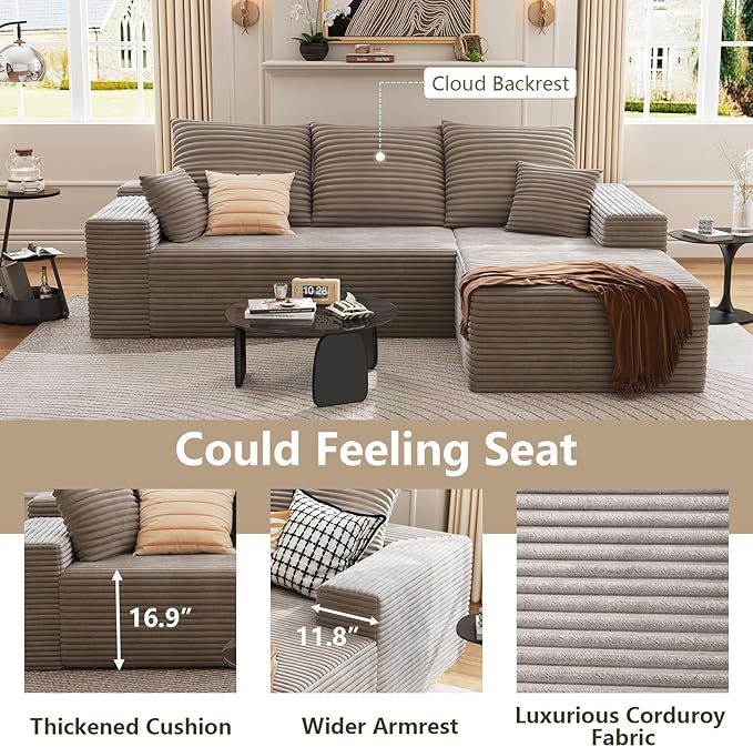 107 Cloud Sectional Couch with L-Shape Chaise Modern Modular Sofa with Deep Seat Corduroy Upholstered Couches for Living Room BedroomNo Assembly Required(Camel Right Facing)