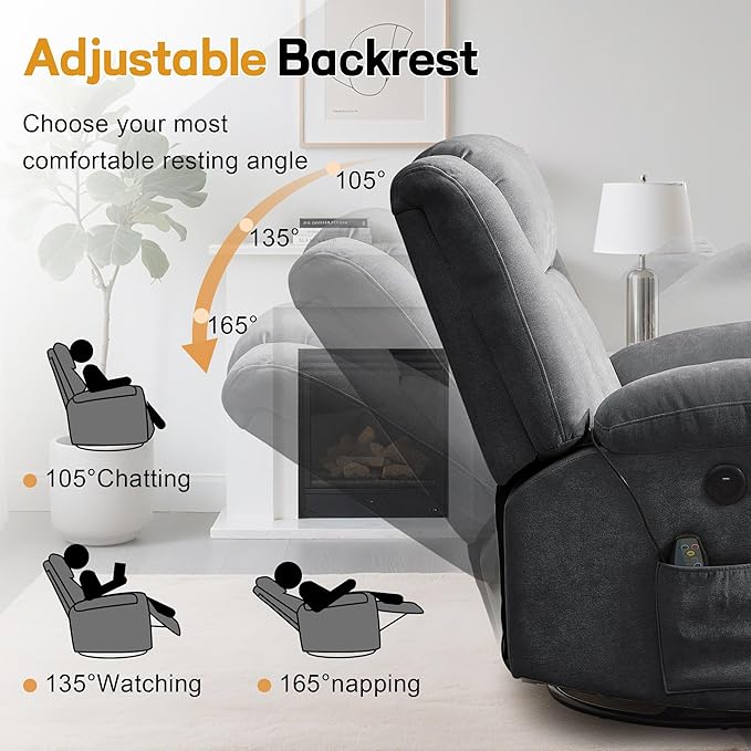 Rocker Recliner Glider Recliner Chairs for Adults 360° Swivel Rocking Chair with Massage and Heating Nursery Chair with Storage and USB Charging for Living Room Nursery Bedroom