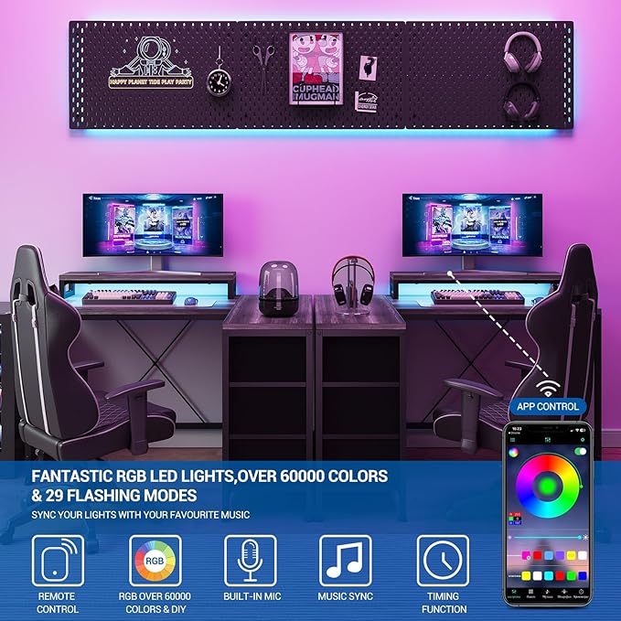 L Shaped Desk with Power Outlets &amp LED Lights Computer Desk with Drawers &amp Shelves Corner Desk Gaming Desk Home Office Desk Oak