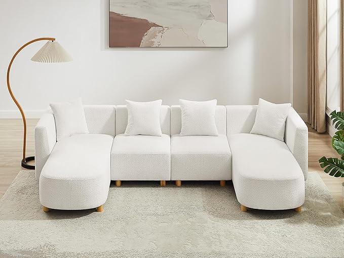 VANOMi 113 Sectional Sofa with 4 Pillows U-Shaped 4-Seater Comfy Boucle Cloud Couch Modern Double Chaises Lounge Sofas for Living Room Office Apartment (White-U)