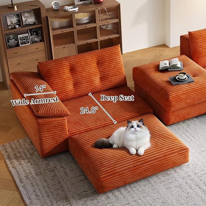 109.5 L-Shape Sectional Couches for Living Room Convertible Sleeper Sofa with Ottoman Compressed No-Frame 3 Seater Modular Sectional Sofa No Assembly Required(Corduroy Orange)