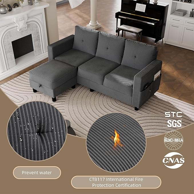 JAMFLY Convertible Sectional Couches for Living Room L-Shaped Couch 3 Seat Sectional Sofa Set with Corduroy Fabric and Movable Ottoman Small Couch for Apartments Office（Dark Grey）