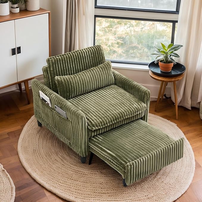 Modern Corduroy Fabric Sofa Bed Futon3 in 1 Convertible Pullout Bed Sleeper Couches with 3 Reclining BackrestsSmall Sofa Chair Bed for Living Room Bedroom (Green)