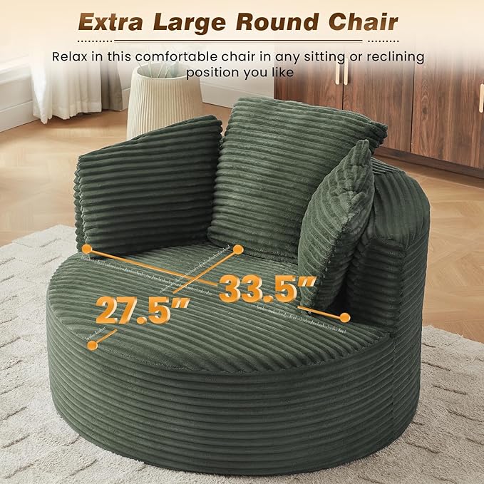48W Oversized Round Chaise Longue Chair IndoorCorduroy Fluffy Comfy Cloud ChairCircle Bean Bag Sofa with Foam Filling &amp PillowsBoneless Reading Cozy Sofa Chairs for Living RoomBedroomGreen