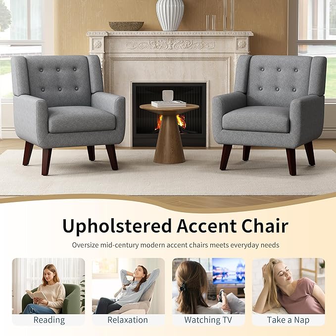 Accent Chairs Mid-Century Modern Upholstered Living Room Armchair Comfy Oversized Linen Fabric Single Reading Arm Chair with Tufted Back and Wood Legs for Bedroom Club (1 Grey)