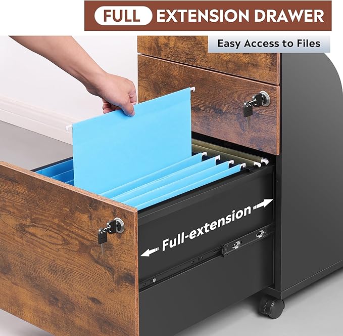 DEVAISE 3 Drawer Rolling File Cabinet with Lock Wood Under Desk Filing Cabinet fits Letter/Legal/A4 Size for Home Office Rustic Brown
