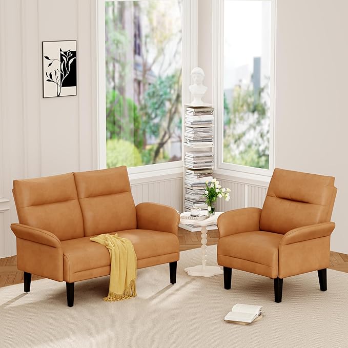 Yongchuang 2 Piece Sofa Sets for Living Room Brown Faux Leather Loveseat Sofa Couch and Accent Chair Modern Small Couch and Armchair Set