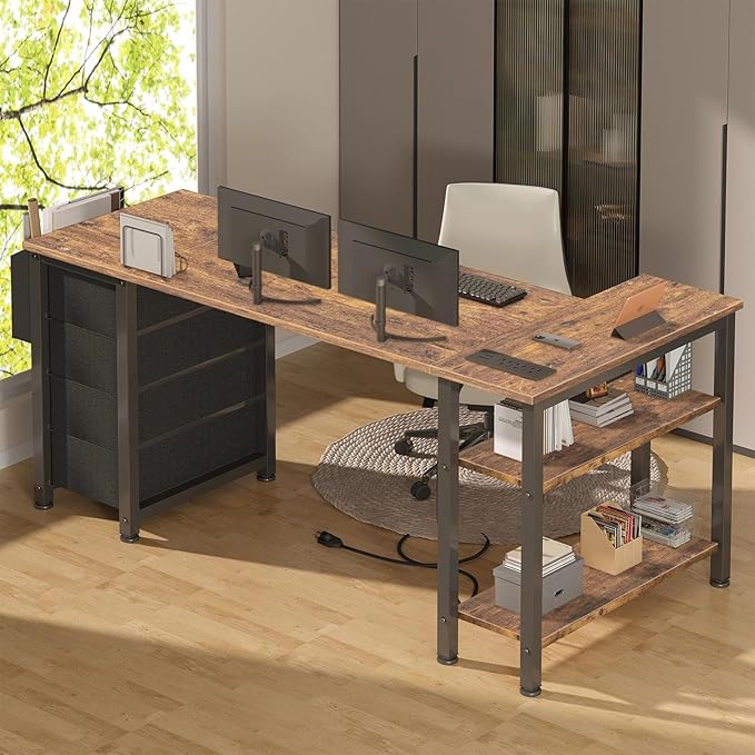 Lufeiya L Shaped Computer Desk with Drawers &amp Storage Shelves 55 Inch Corner Desk with Power Outlet for Home Office Bedroom L-Shaped Teen PC Gaming Desks with Fabric Drawer Rustic Brown