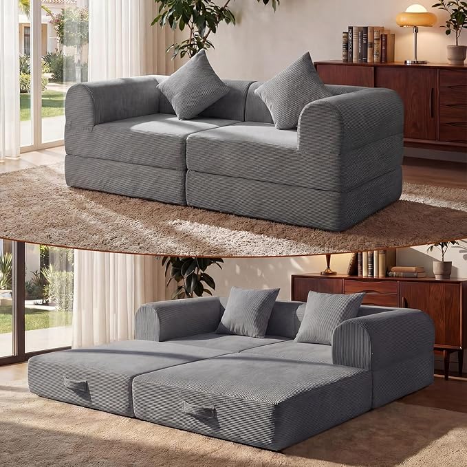 74.8’’ Boneless Modular Convertible Sofa Bed Fold-Out Floor Couch Loveseat All-Foam Futon Mattress Couch Corduroy Sleeper Sofa for Living Room &amp Small Spaces No Assembly Required Gray