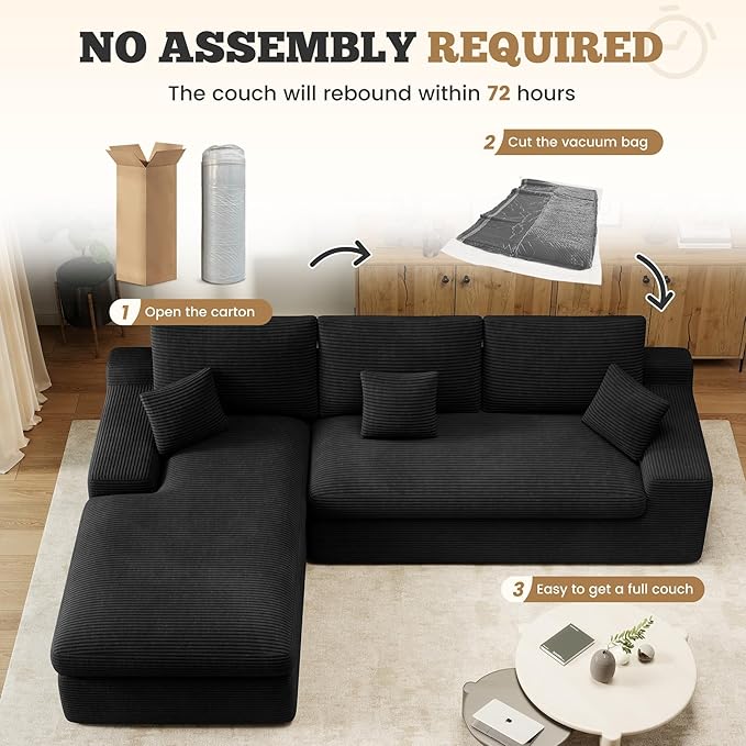 112 Modular Sectional Sofa for Living Room Convertible L-Shape Couch with OttomanCloud Boneless Couch with Layered CushionBlack Corduroy