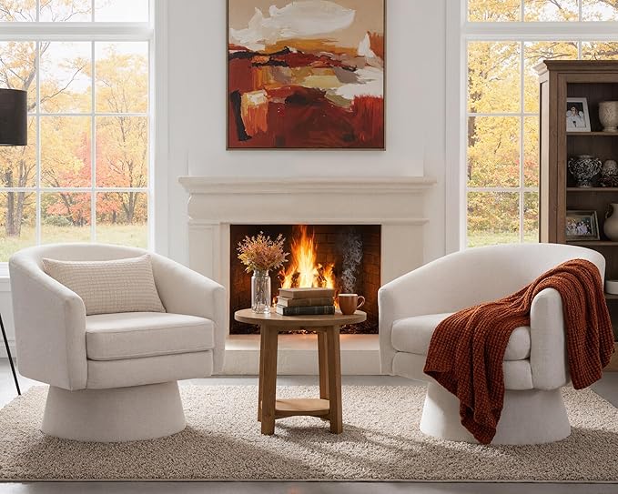 HNY Modern Swivel Beige Accent Chairs Set of 2 Linen Upholstered Barrel Chairs Cozy Vanity Arm Chairs with Back Comfy Sherpa Round Lounge Reading Armchairs Club Side Chairs for Living Room Bedroom