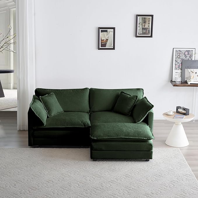 Deep Seat Cloud Loveseat Sofa Sectional Couch with Movable Ottoman 2 Seater Oversized L Shaped Corner Sofa&ampCouches Comfy Chenille Love Seat for Living Room Bedroom Apartment Office