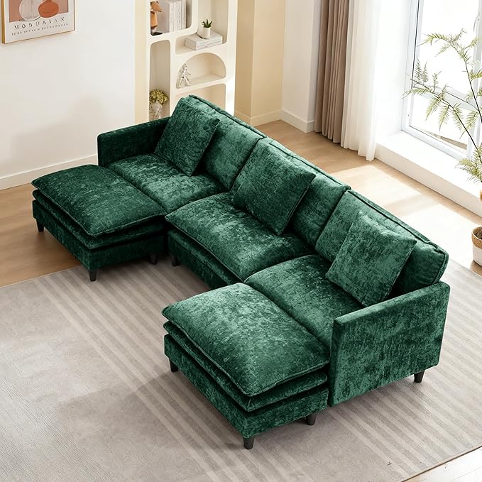 Modular Sectional Sofa143.31'' Modern Sofa Sleeper CouchComfy Cloud Couches with 3 Seat &amp 2 Ottoman &amp 3 Pillows Sofa SetDeep Seat Sofa with Movable Ottoman for Living RoomChenille(Green U