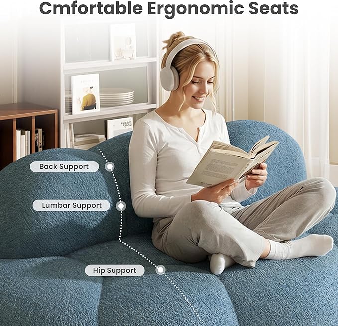 90 Curved Boucle Couch Comfy Cloud Shaped Boneless Couches for Living Room Modern Deep Seat Loveseat Lazy Floor Sofa for Bedroom Apartment Small Space (No Assembly Blue)