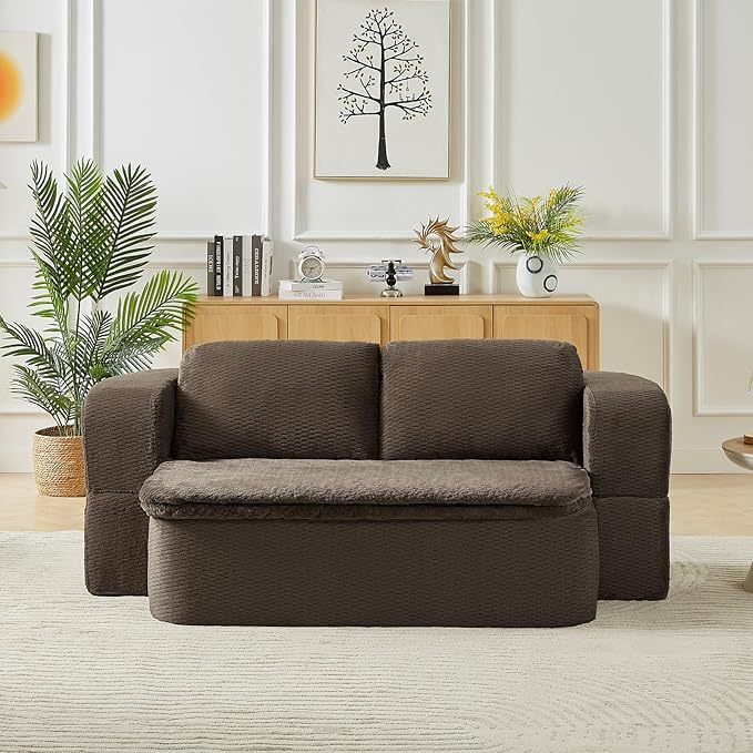 2-in-1 Convertible Sofa Bed 74.8 Memory Foam Boneless Couch Bed Full Size Love Seat Sleeper Sofa Floor Couch Loveseat with 2 Pillows for Living Room Bedroom Apartment Office No Assembly Brown